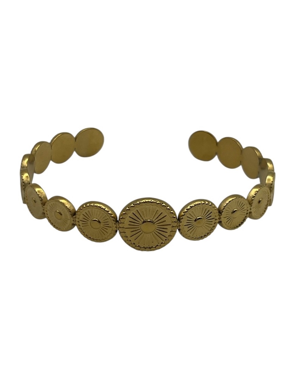 Gold tone graduating sunburst engraved medallion cuff bracelet